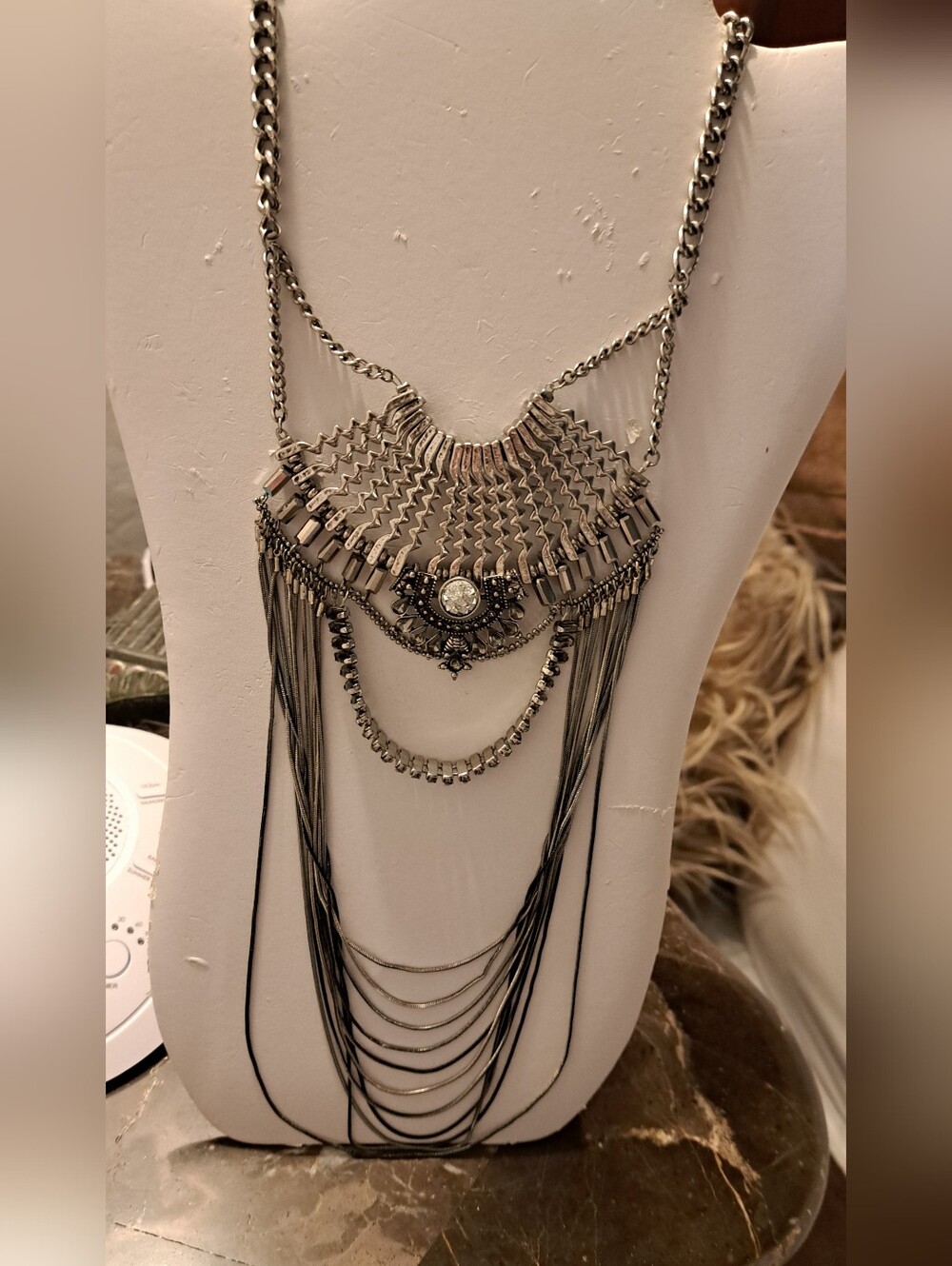 Silver-Tone Statement Fringe Necklace - Elegant Layered Design